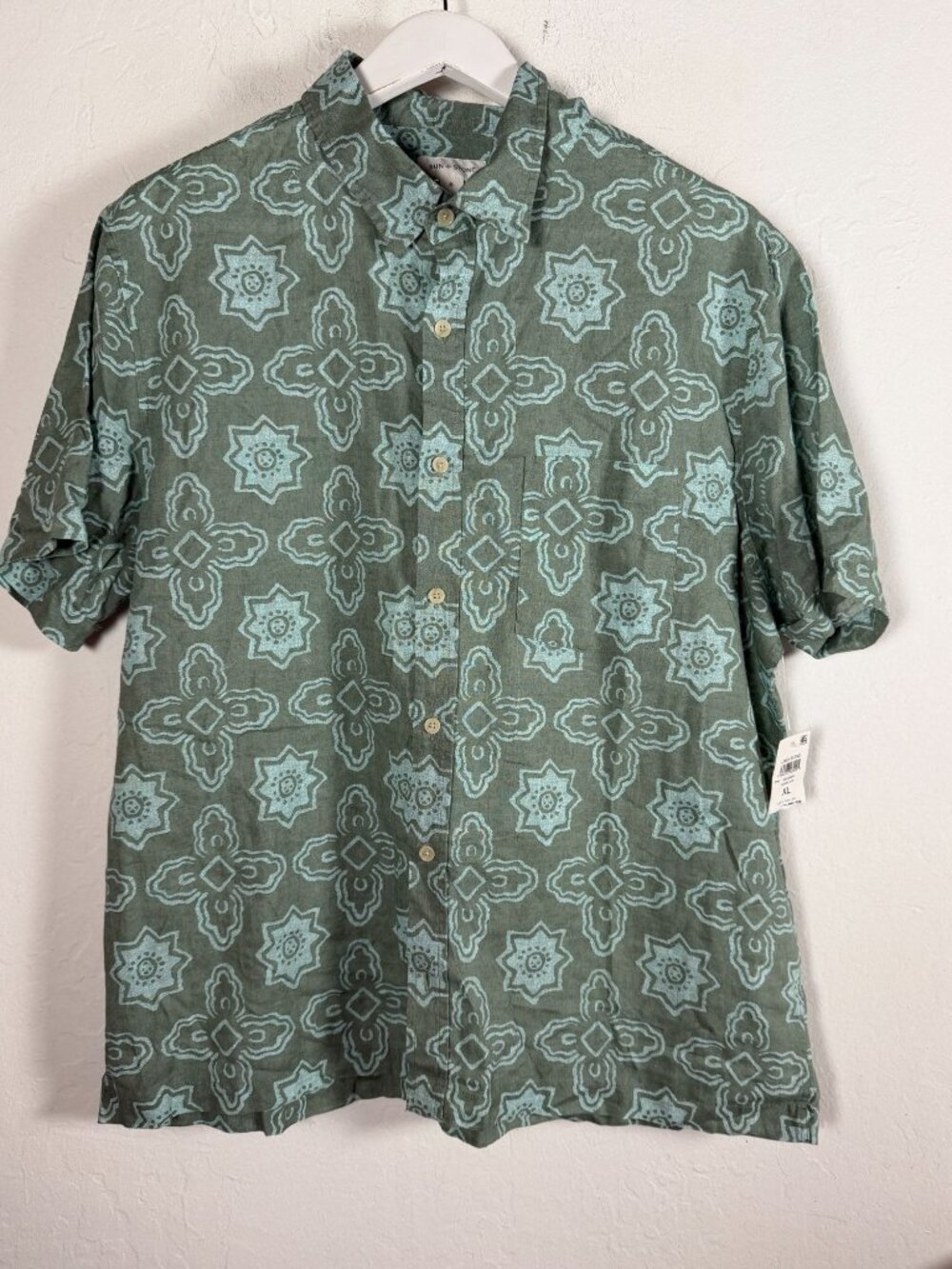 Sun + Stone Mens XL Green Geometric Medallion Linen Blend Button Up Shirt New